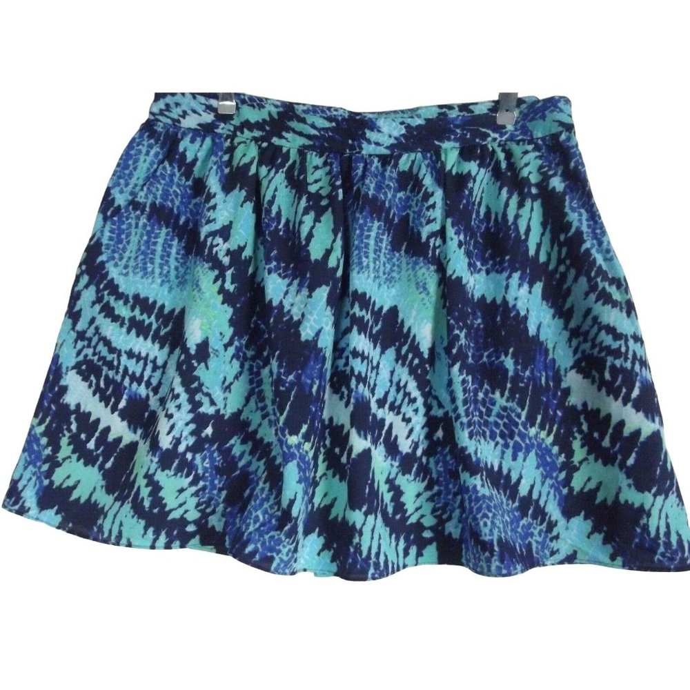 Express 12 High Waist Blue Green Teal Print Full Mini Skirt L watercolor waisted